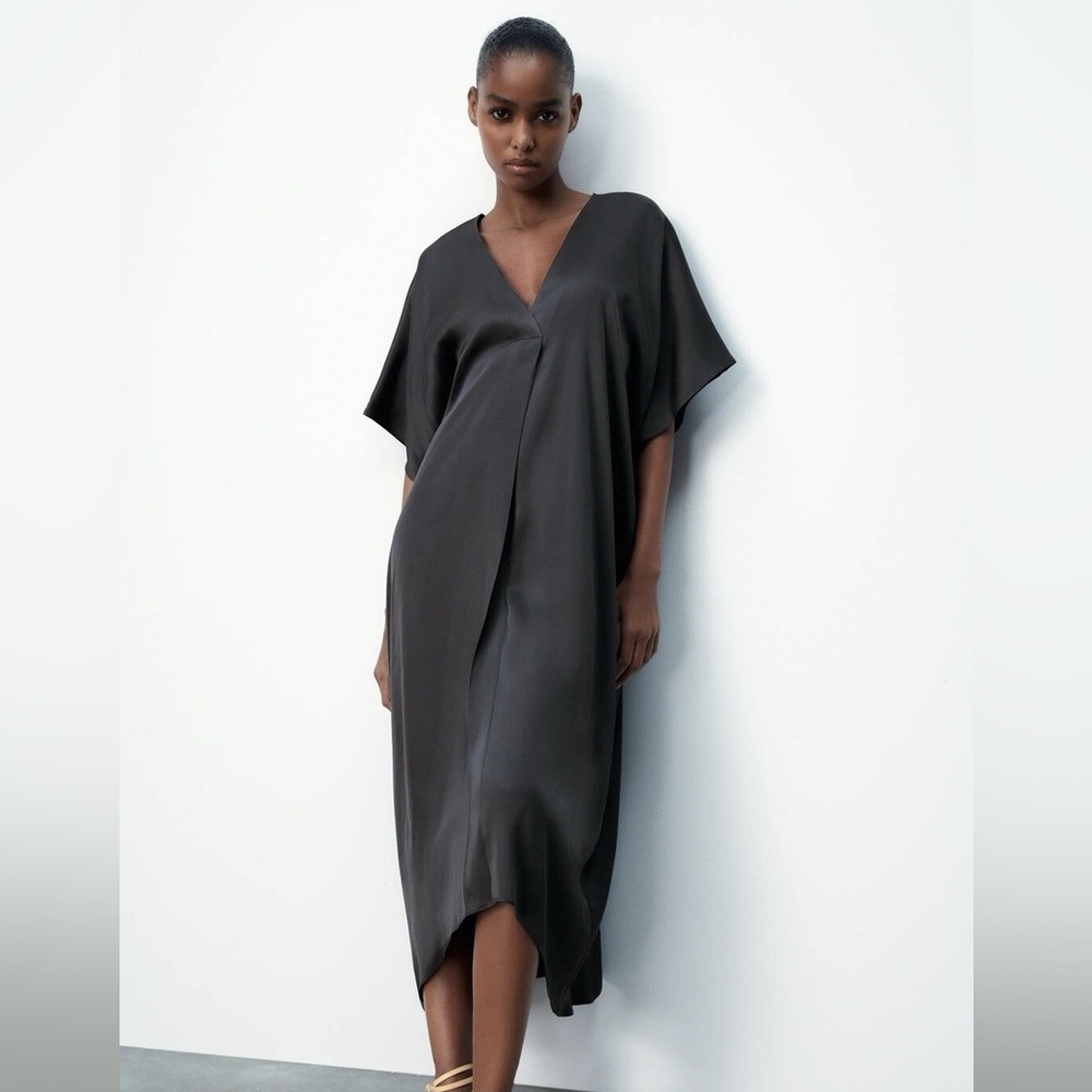 Zara Dark Charcoal Satin  V-Neck Midi Dress
